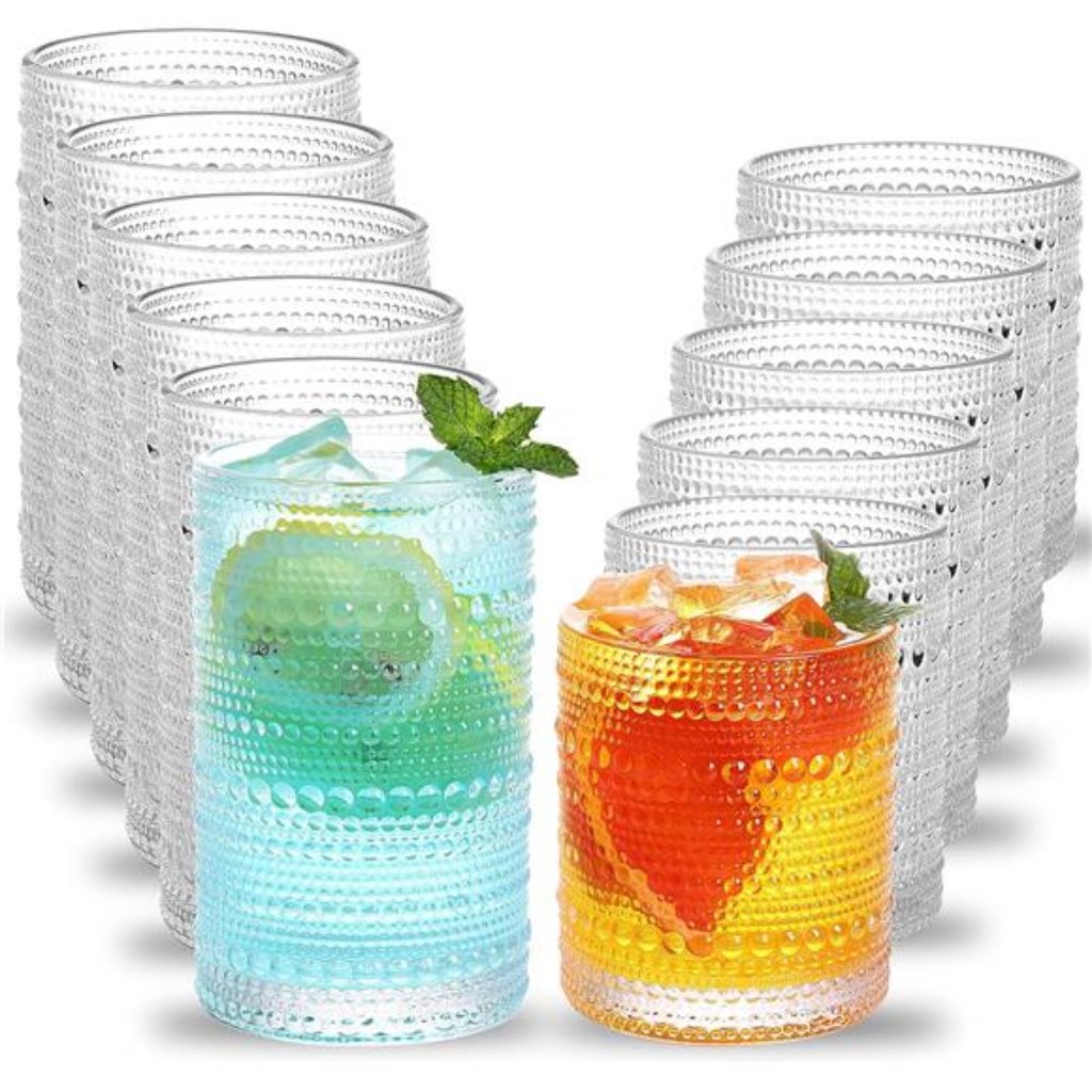 Vintage Hobnail Drinking Glasses Set Of 12, 12 Oz Highball Glasses &